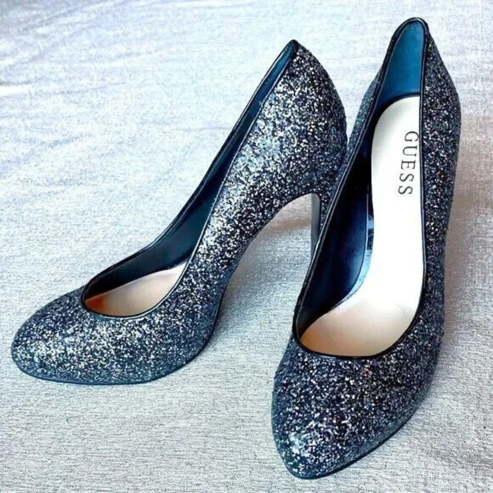 Guess Black Glitter Hidden Platform Almond Toe Heel Shoes sz 7.5